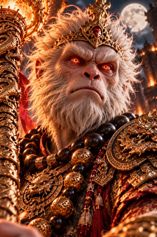 Fierce Sun Wukong with glowing red eyes holds his ornate golden staff under a full moon above burning fortress ruins
