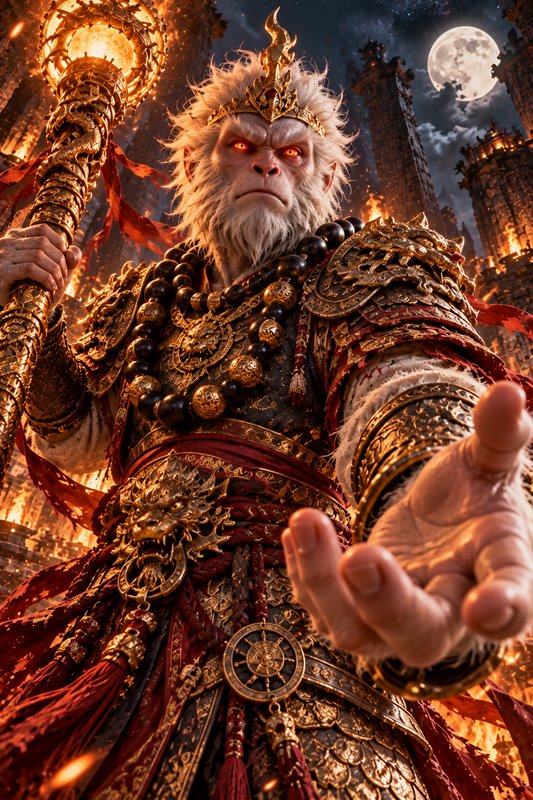 Sun Wukong in ornate golden armor holds a fiery staff and reaches out to the viewer under a full moon