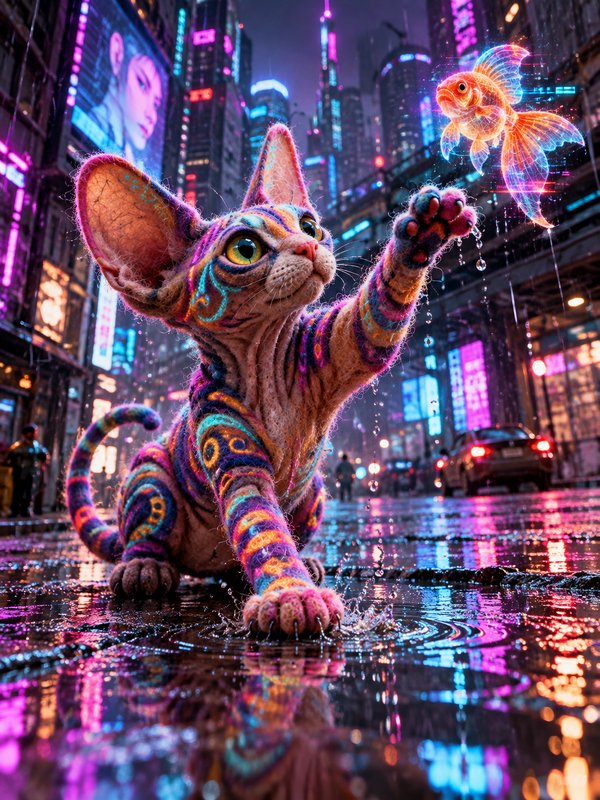 Vibrantly patterned Sphynx cat reaches for a glowing holographic goldfish on a rainy neon cyberpunk city street