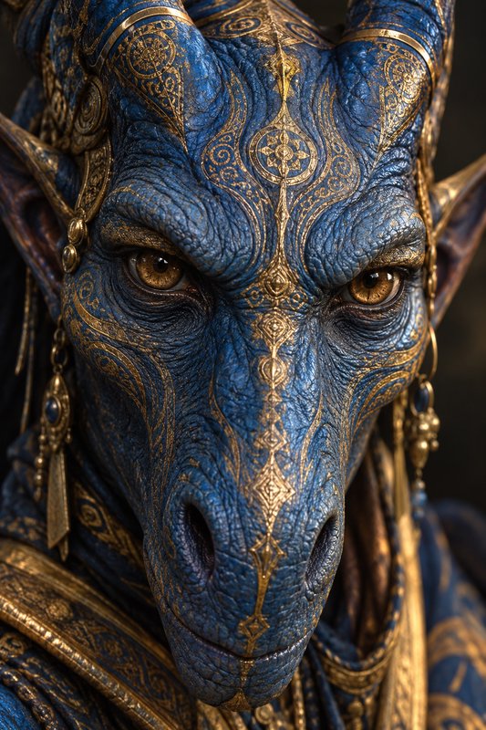 Close-up portrait of a regal blue draconic humanoid with gilded markings staring directly at the ...