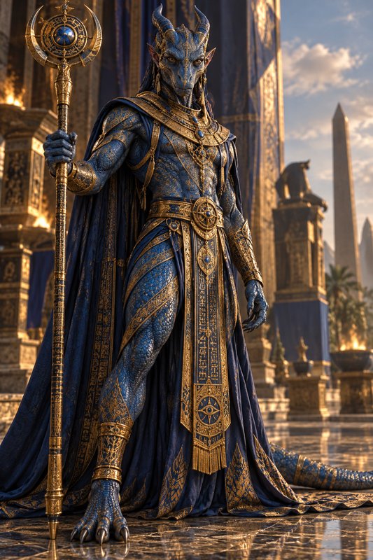 Blue scaled draconic pharaoh holding an ornate golden staff stands on a sunlit ancient palace terrace