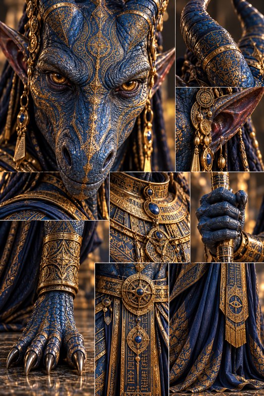 Collage of closeup details of a regal blue draconic fantasy royal with ornate gold and sapphire r...