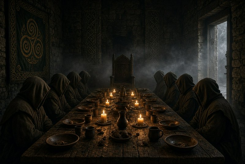 Hooded robed figures sit in silence around a candle-lit medieval feast table in a stone castle great hall