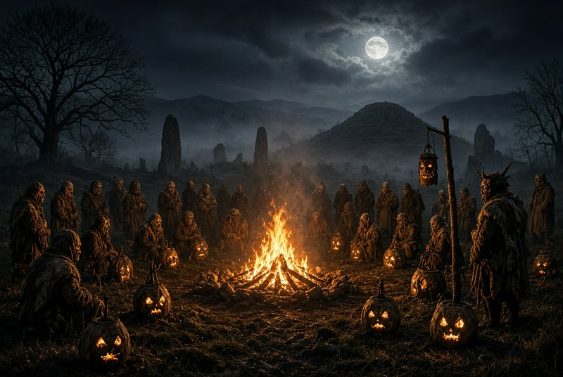 Hooded ritual figures gather around a bonfire lined with glowing jack-o-lanterns under a full moon on a misty moor