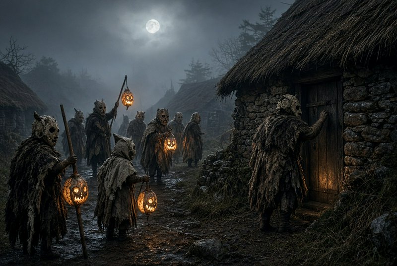 Masked figures carrying glowing jack-o-lanterns gather at a stone cottage door on a misty moonlit...