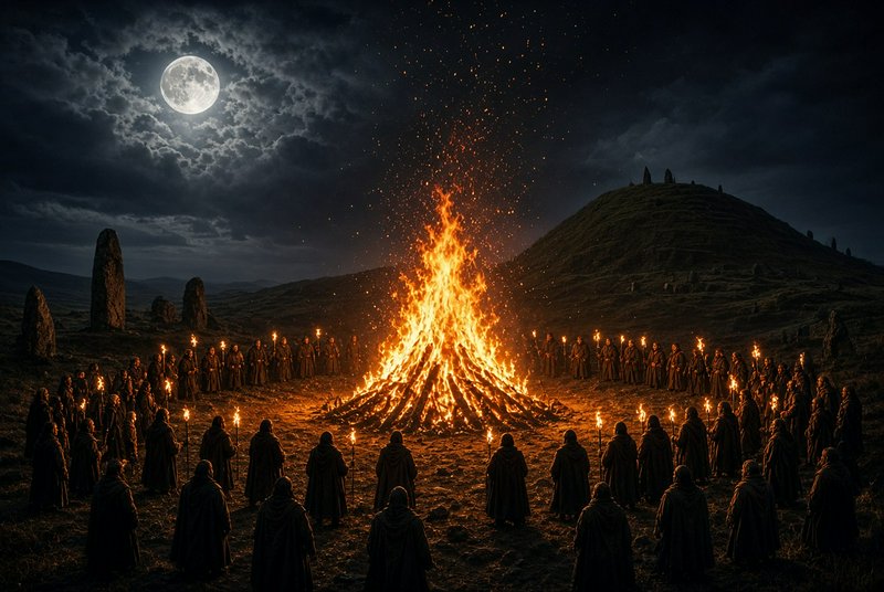 Hooded robed druids stand in a circle around a blazing bonfire for a pagan ritual under a bright full moon