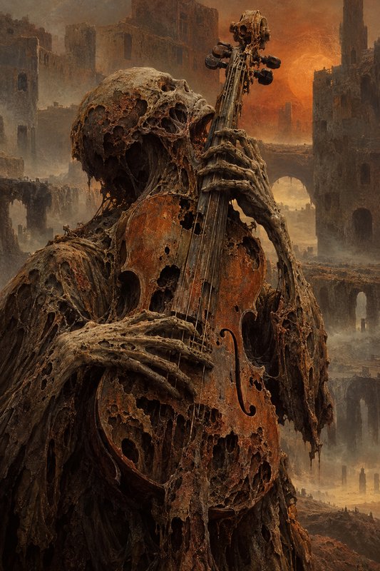 Decaying skeletal undead plays a rotting cello amid crumbling post-apocalyptic city ruins at oran...