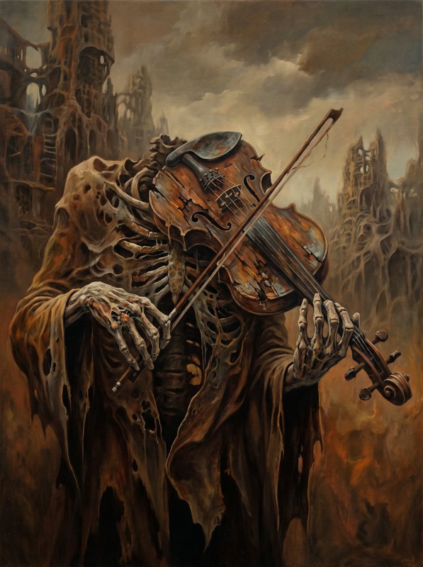 Tattered robed skeleton plays a weathered violin against crumbling gothic apocalyptic ruins