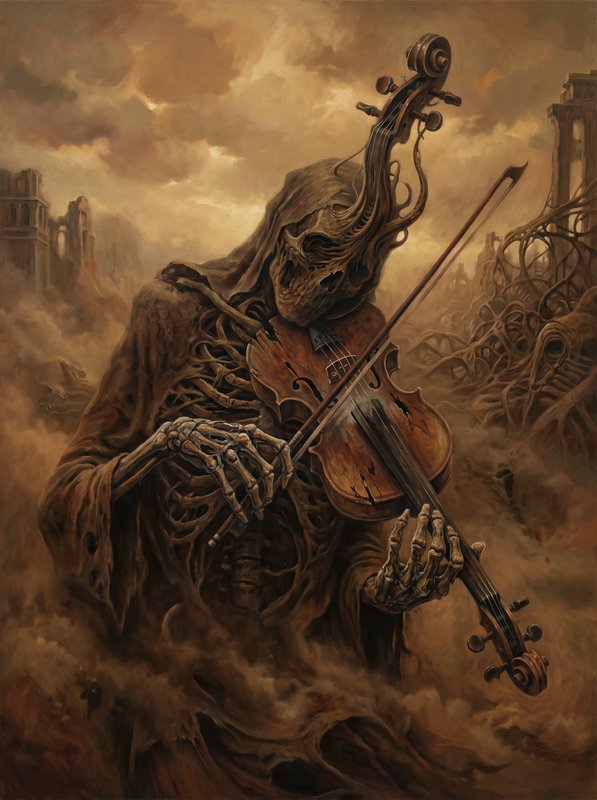 Hooded skeletal undead figure playing a warped violin in a desolate ruined apocalyptic landscape