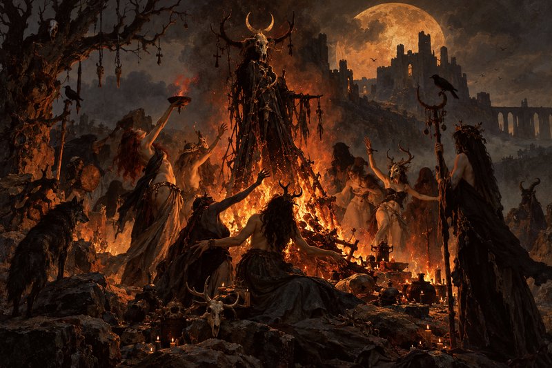 Pagan witch coven performs a fiery occult ritual before a horned skeletal deity under a glowing f...