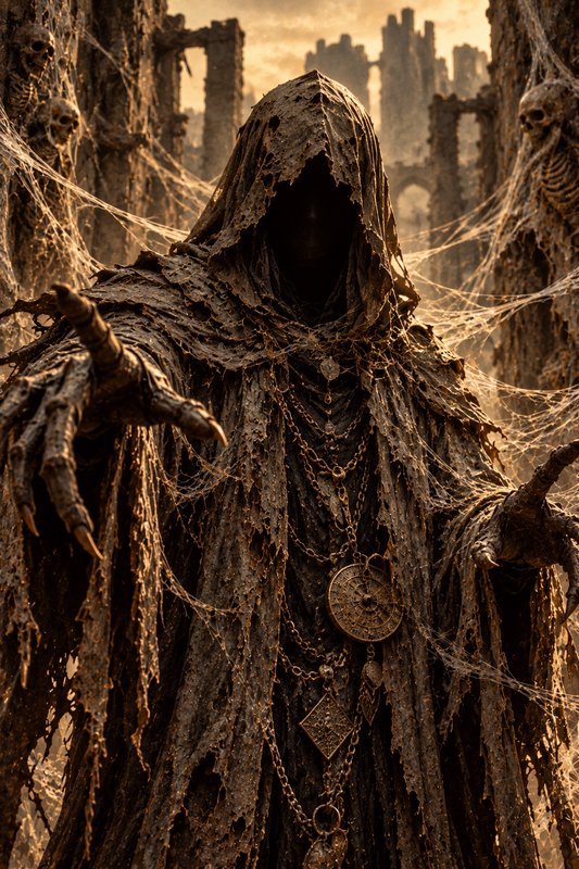 Tattered hooded undead lich reaches toward the viewer from cobweb-covered crumbling castle ruins