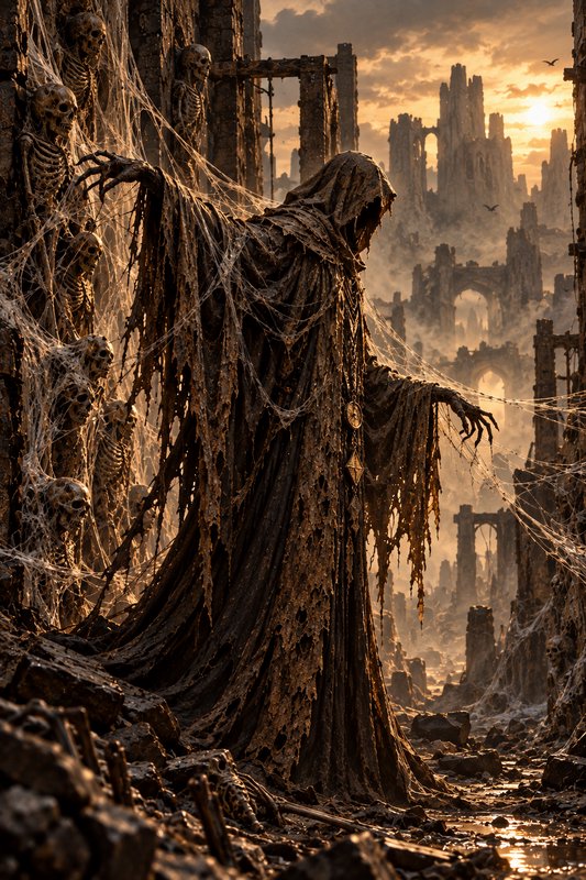 Tattered hooded wraith stands among cobweb-draped skeletons in crumbling gothic ruins at golden s...