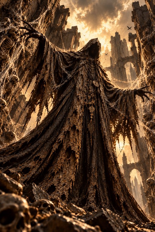 Towering tattered hooded grim reaper stands with outstretched arms between cobweb-covered ruined gothic castle spires
