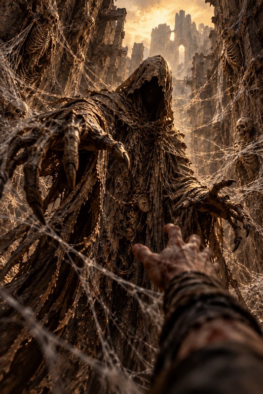 Tattered hooded undead wraith reaches toward the viewer inside a cobweb-covered ruined gothic fortress