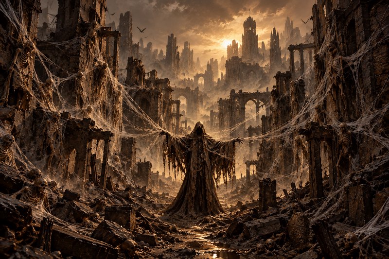 Hooded grim reaper stands with outstretched arms in a cobweb-covered ruined city lined with skele...