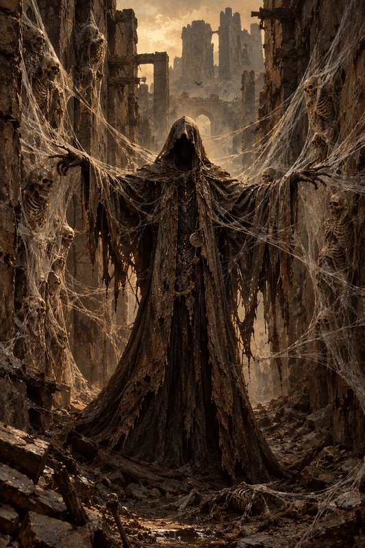 Hooded grim reaper stands with outstretched arms in a cobweb-choked ruined ancient city alley