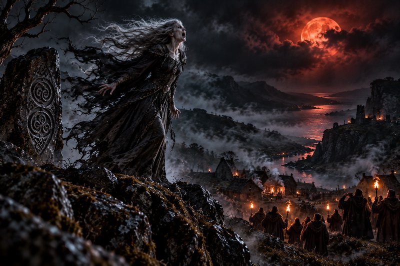 Wild silver-haired sorceress shouts from a rocky cliff above a torch-lit village under a glowing ...