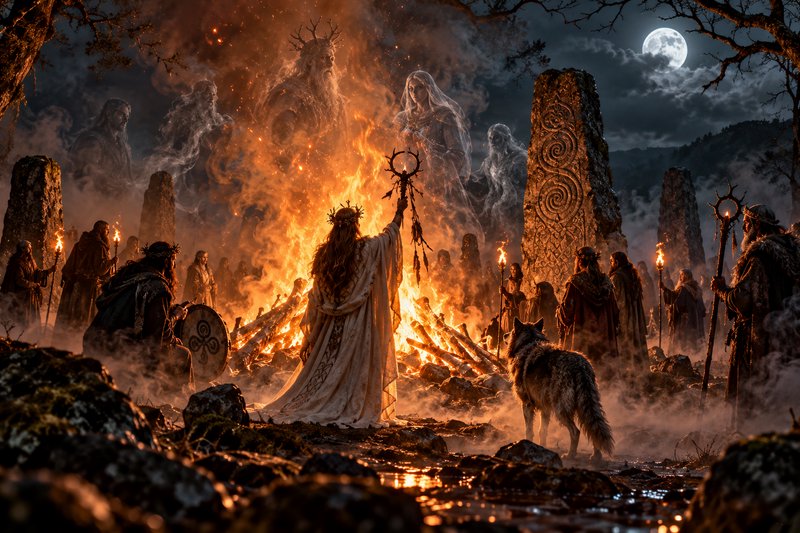 Druid pagan ritual around a roaring bonfire as ghostly ancestor spirits appear above a stone circ...