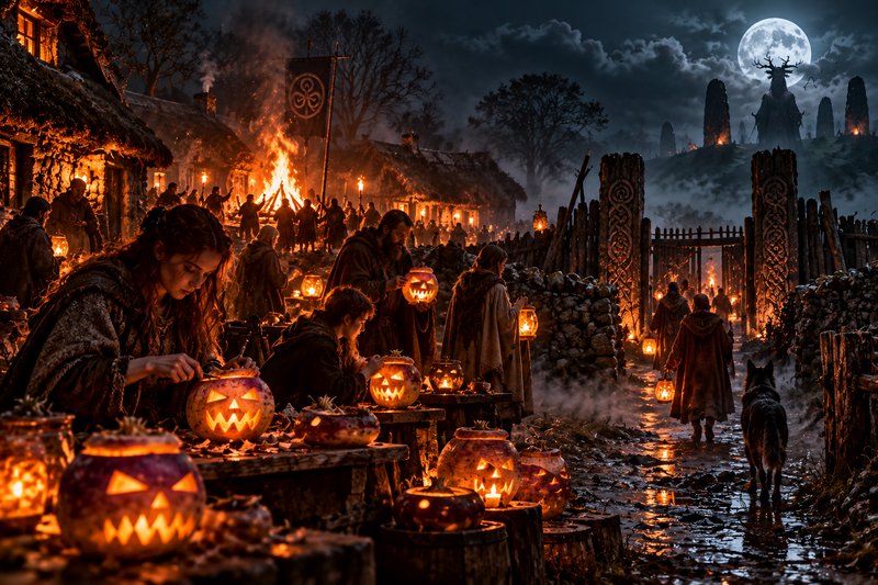 Villagers carve glowing jack-o-lanterns during a misty Samhain village festival under a bright fu...