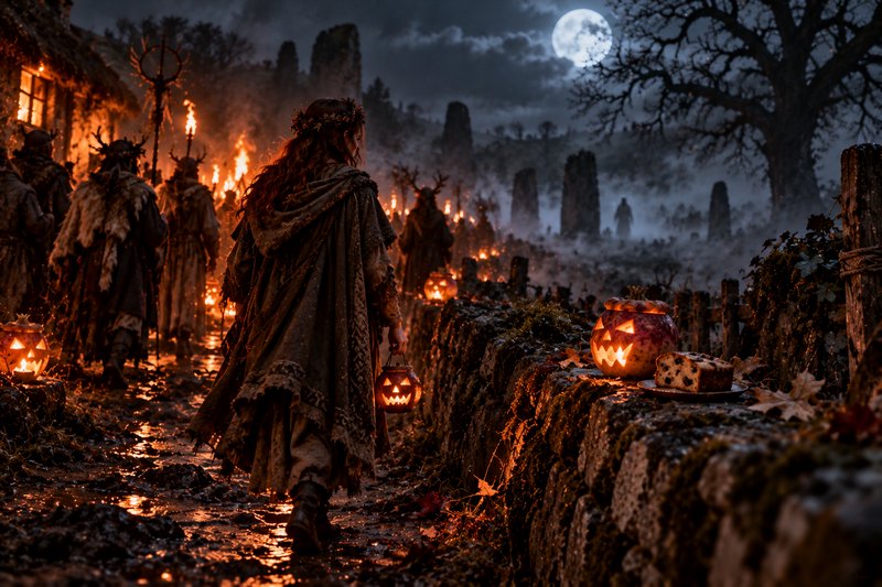 Robed villagers carry glowing jack-o-lanterns during a foggy moonlit Samhain procession on a wet ...
