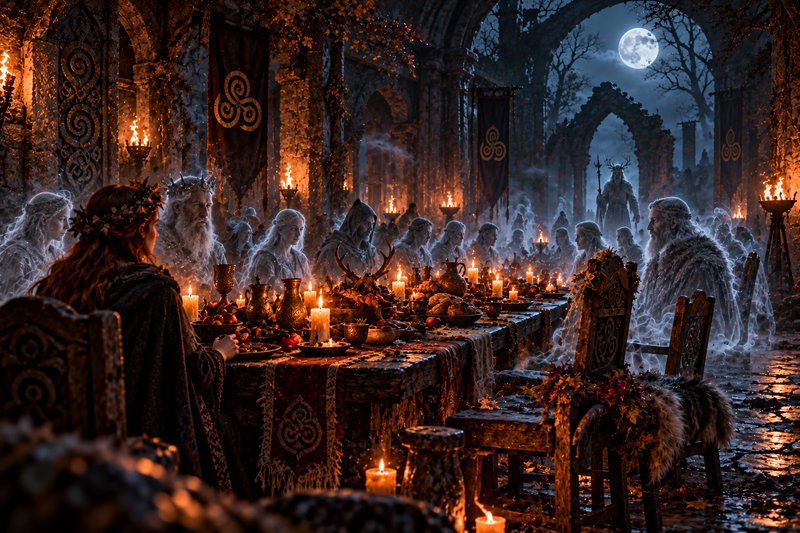 Translucent spirit guests attend a candlelit ancestral banquet in a ruined stone hall under a glo...