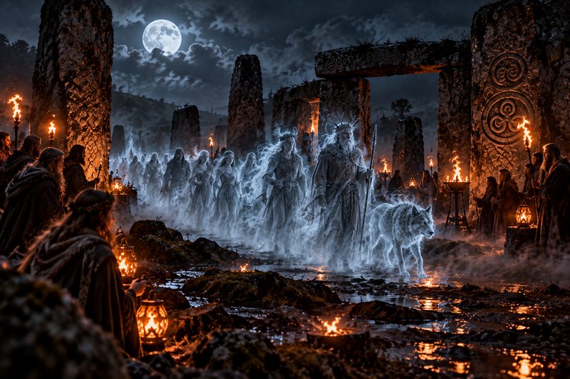 Ghostly translucent spirit procession emerges from mist at a carved stone circle under full moon,...