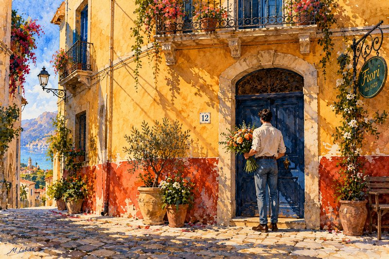 Man holding a flower bouquet stands at a sunlit Mediterranean flower shop on a cobblestone coastal street