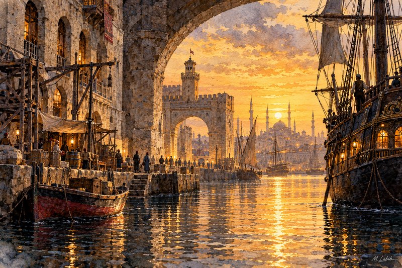 Bustling historical Ottoman port at golden sunset lined with stone arches, sailing ships, and waterfront crowds