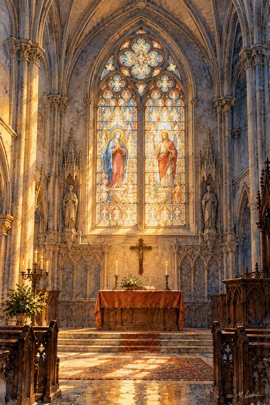 Sunlit Gothic church altar sits beneath tall stained glass windows depicting the Virgin Mary and Jesus