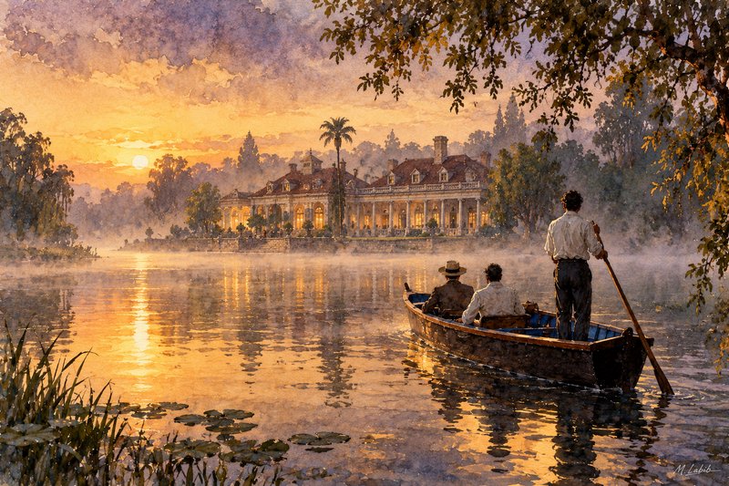 Three men in a rowboat approach a grand riverside manor across misty water at golden sunset