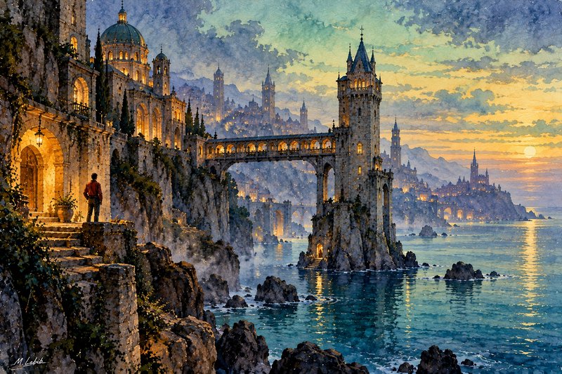 Lone traveler stands on cliffside steps overlooking a glowing fantasy coastal kingdom at golden sunset