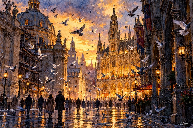 Grand historic European city square at golden sunset, with pedestrians, flying pigeons and ornate stone architecture