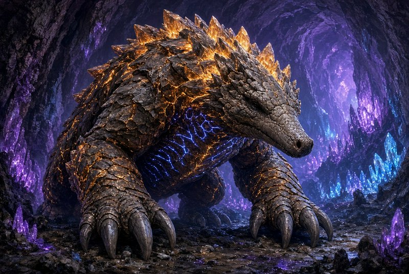 Armored stone elemental beast stands in a glowing crystal filled underground cavern