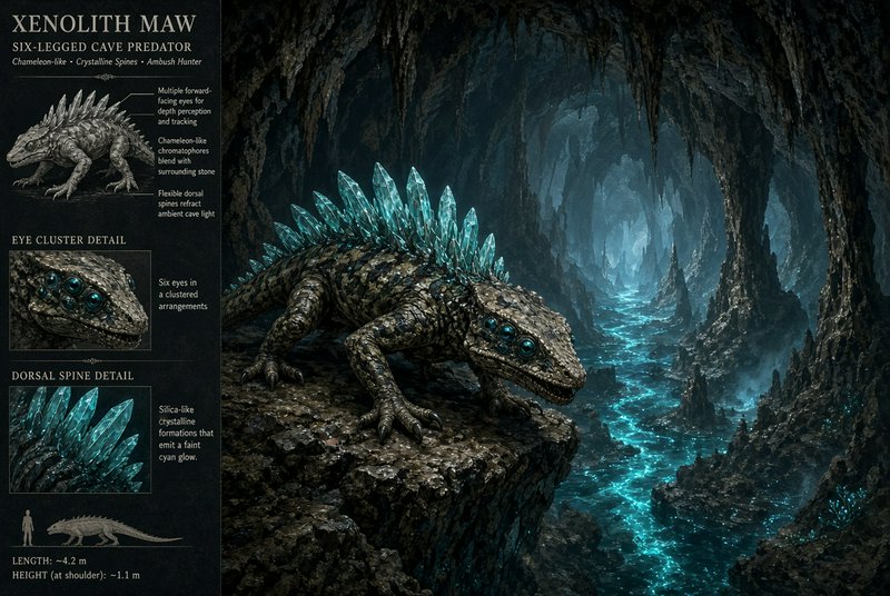 Fantasy concept art of the six-legged crystalline Xenolith Maw cave predator perched in an underg...