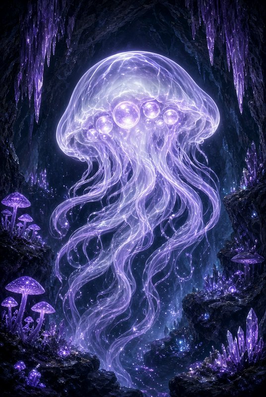 Glowing ethereal purple jellyfish floats inside a dark crystal cave lined with bioluminescent mus...