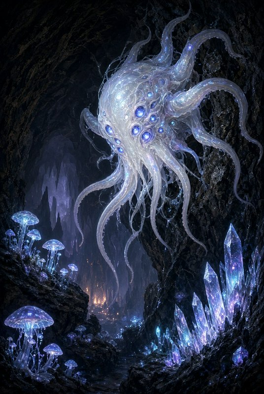 Translucent multi-eyed glowing octopus creature floats in a dark crystal cave with bioluminescent...