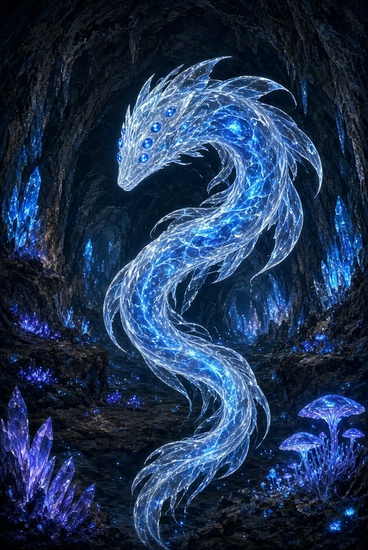 Ethereal glowing crystalline dragon floating in a dark bioluminescent crystal cave