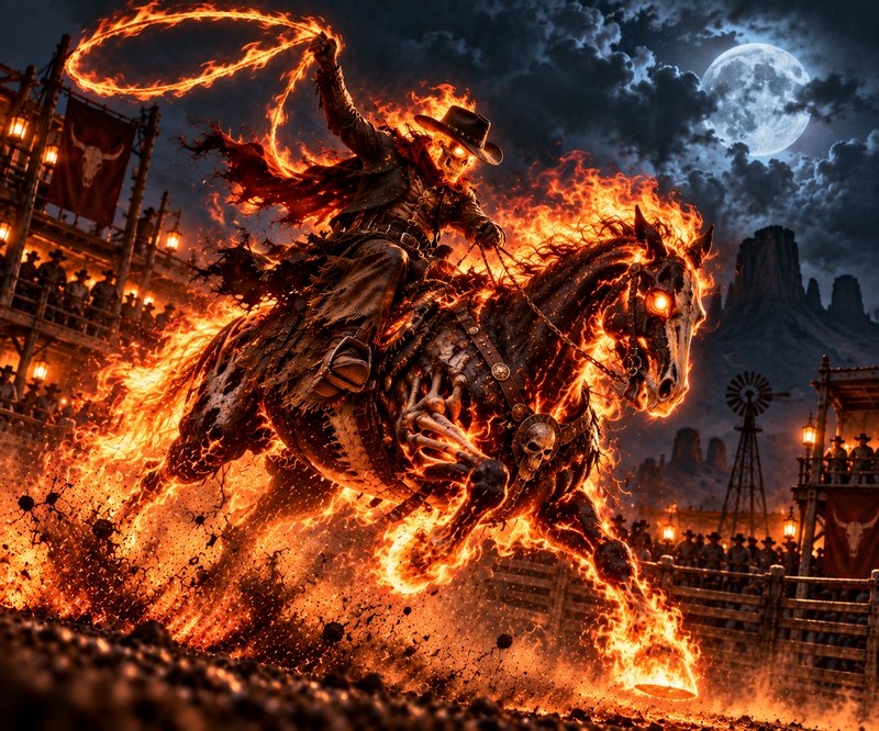 Flaming undead cowboy rides a burning skeletal horse swinging a fire lasso at a moonlit western r...