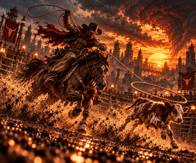 Steampunk cowboy on horseback swings a lasso to rope a sprinting calf at a fiery sunset rodeo arena