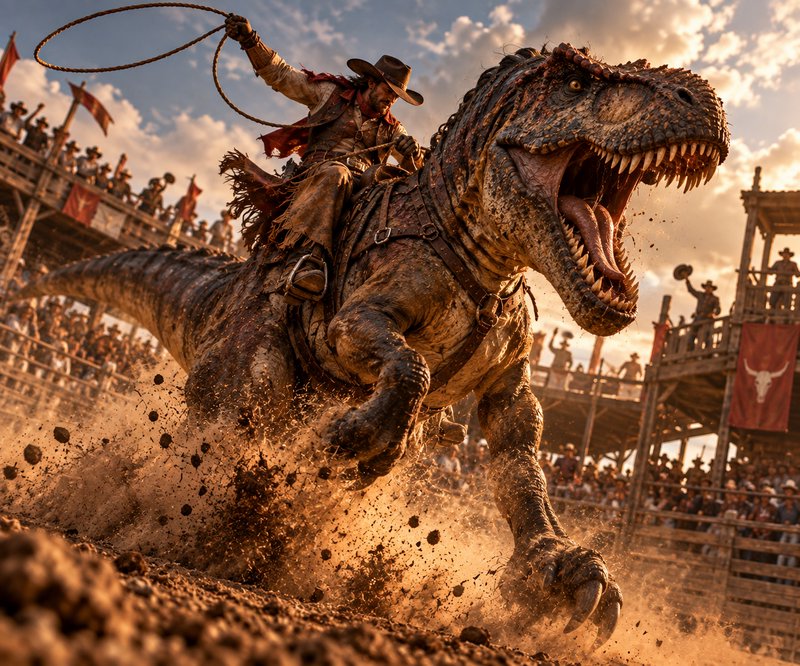 Cowboy swinging a lasso rides a roaring bucking T-Rex inside a packed dusty rodeo arena