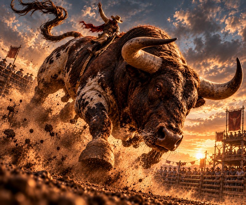 Cowboy rider holds on to a massive bucking spotted bull during a dramatic sunset rodeo