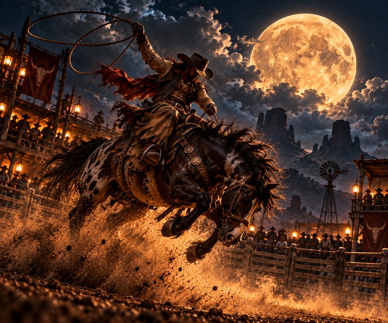 Cowboy swinging a lasso rides a bucking spotted horse at a moonlit wild west rodeo