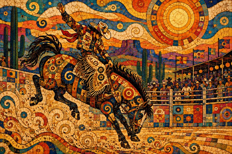 Colorful mosaic artwork of a cowboy riding a bucking bronco at a desert southwest rodeo