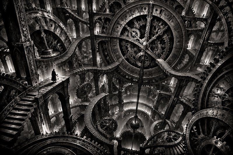 Lone robed figure stands on a high walkway overlooking a vast intricate steampunk clockwork cathe...