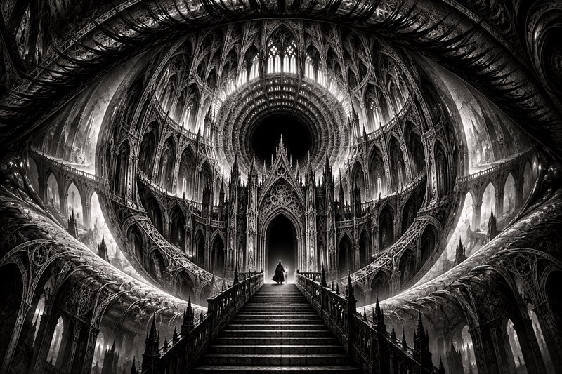 Lone hooded figure stands at the top of a grand staircase inside a massive surreal gothic cathedral