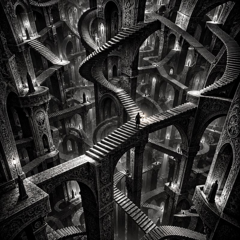 Lone robed figures stand on sprawling interwoven stone staircases inside a massive ornate gothic labyrinth