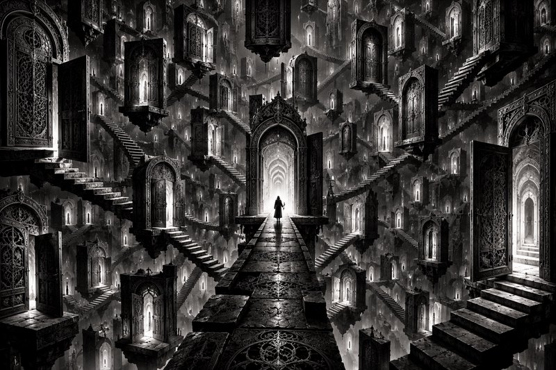 Silhouetted figure stands on a carved stone walkway facing light in a surreal floating gothic lab...
