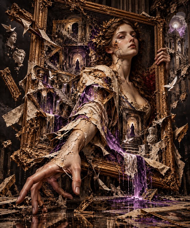 Surreal classical goddess emerging from nested crumbling gilded frames surrounded by baroque arch...