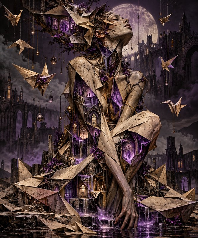 Surreal fractured origami human sculpture embedded with glowing gothic architecture, floating cra...