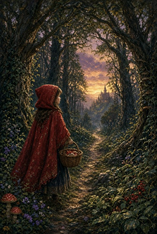 Little Red Riding Hood stands on a forest path holding a basket, gazing at a distant fairytale ca...